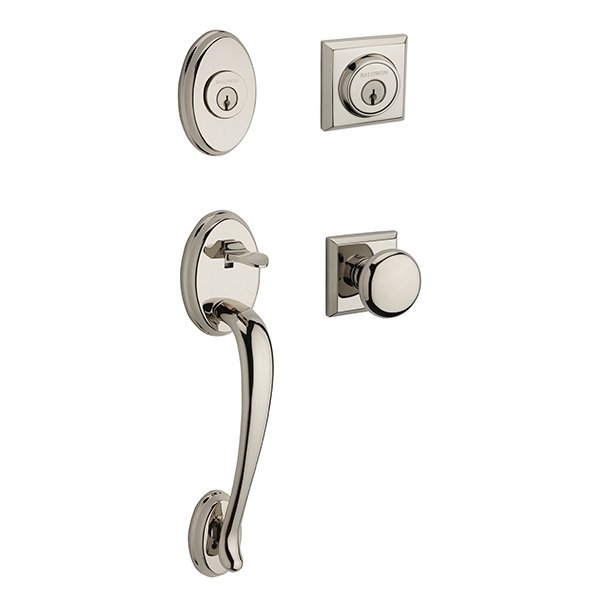 Double Cylinder Columbus Handleset with Round Door Knob with Traditional Square Rose in Polished Nickel