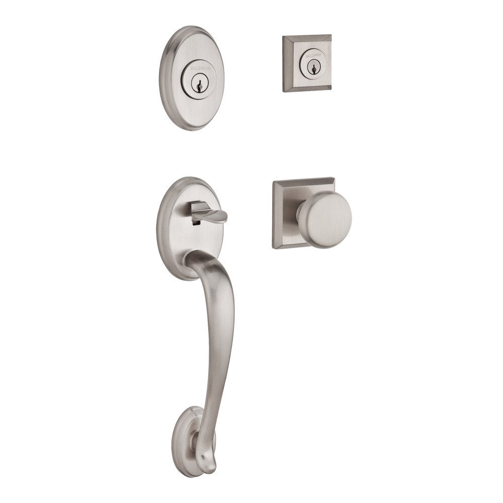Handleset with Round Knob and Traditional Square Rose in Satin Nickel