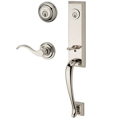 Right Handed Double Cylinder Del Mar Handleset with Curve Door Lever with Traditional Round Rose in Polished Nickel