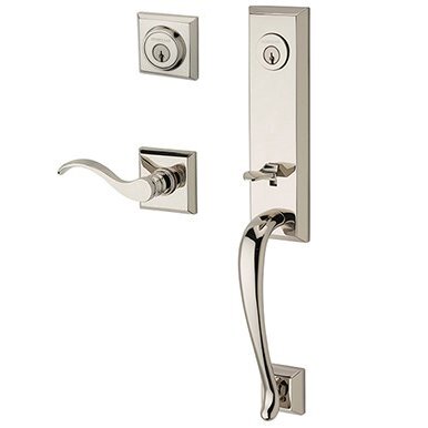 Right Handed Double Cylinder Del Mar Handleset with Curve Door Lever with Traditional Square Rose in Polished Nickel