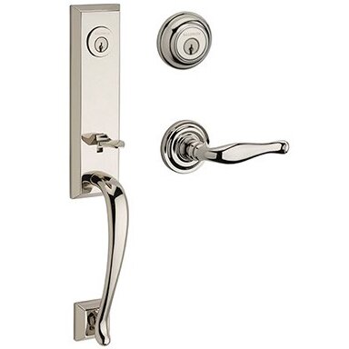 Left Handed Double Cylinder Del Mar Handleset with Decorative Door Lever with Traditional Round Rose in Polished Nickel