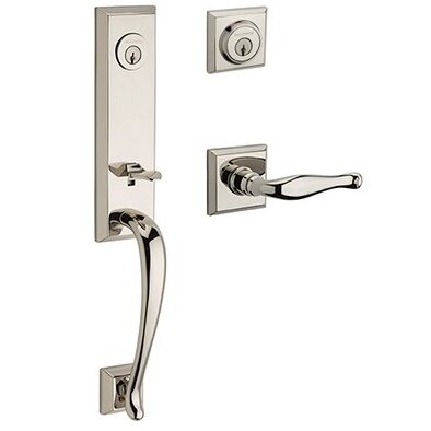Left Handed Double Cylinder Del Mar Handleset with Decorative Door Lever with Traditional Square Rose in Polished Nickel