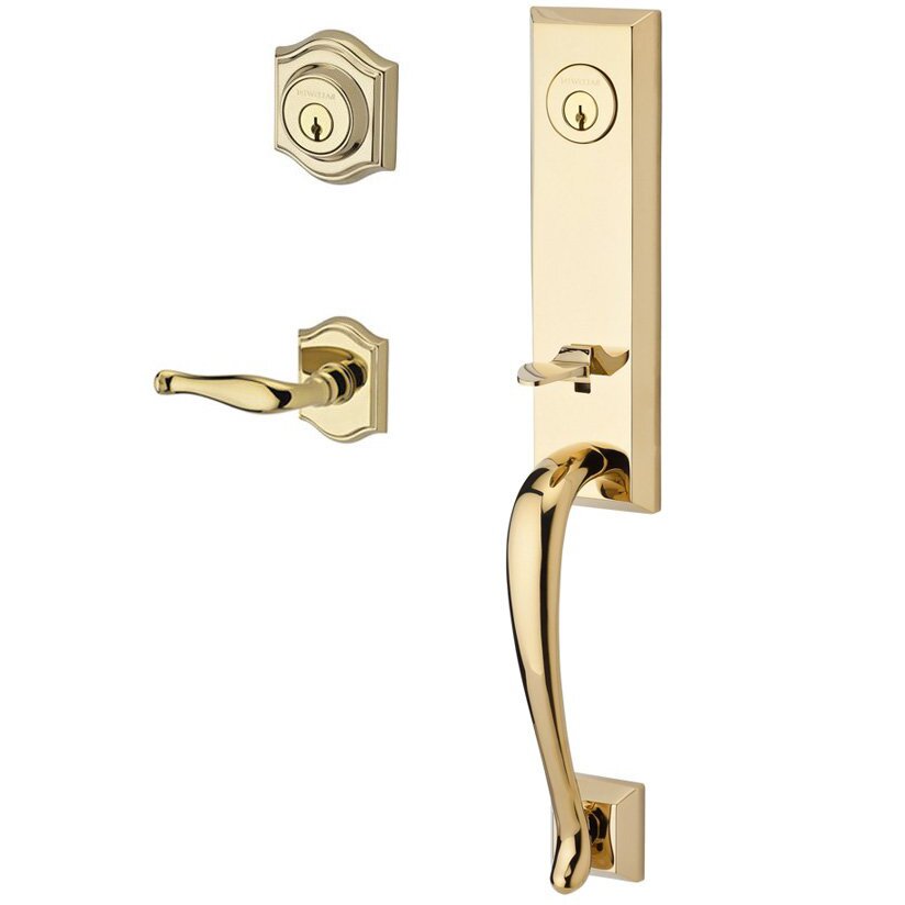 Handleset with Right Handed Decorative Lever and Traditional Arch Rose in Polished Brass