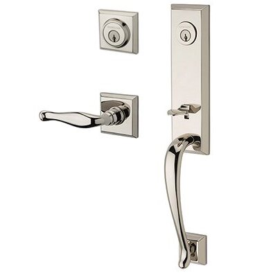 Right Handed Double Cylinder Del Mar Handleset with Decorative Door Lever with Traditional Square Rose in Polished Nickel