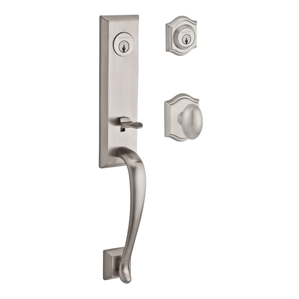 Handleset with Ellipse Knob and Traditional Arch Rose in Satin Nickel