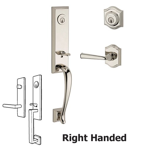 Right Handed Double Cylinder Del Mar Handleset with Federal Door Lever with Traditional Arch Rose in Polished Nickel