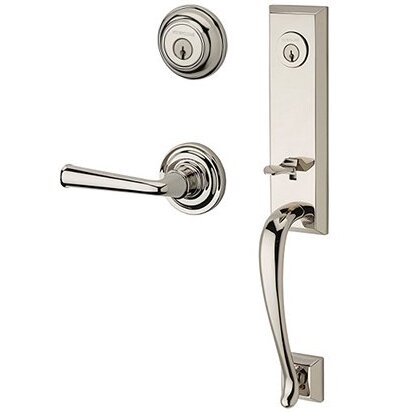 Right Handed Double Cylinder Del Mar Handleset with Federal Door Lever with Traditional Round Rose in Polished Nickel