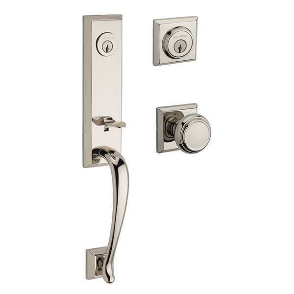 Double Cylinder Del Mar Handleset with Traditional Door Knob with Traditional Square Rose in Polished Nickel