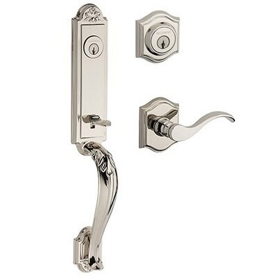 Left Handed Double Cylinder Elizabeth Handlest with Curve Door Lever with Traditional Arch Rose in Polished Nickel