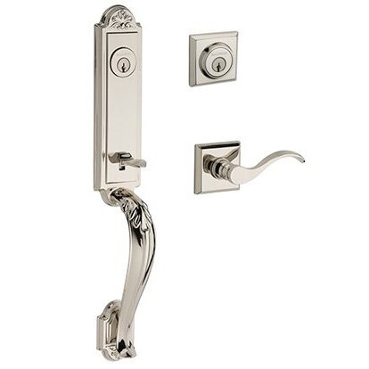 Left Handed Double Cylinder Elizabeth Handlest with Curve Door Lever with Traditional Square Rose in Polished Nickel
