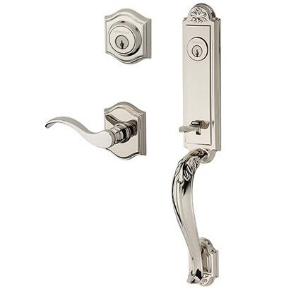Right Handed Double Cylinder Elizabeth Handlest with Curve Door Lever with Traditional Arch Rose in Polished Nickel