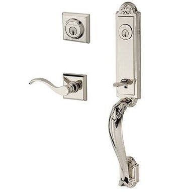 Right Handed Double Cylinder Elizabeth Handlest with Curve Door Lever with Traditional Square Rose in Polished Nickel