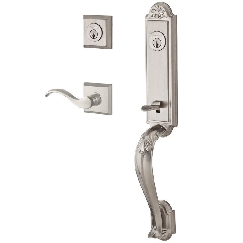 Handleset with Right Handed Curve Lever and Traditional Square Rose in Satin Nickel