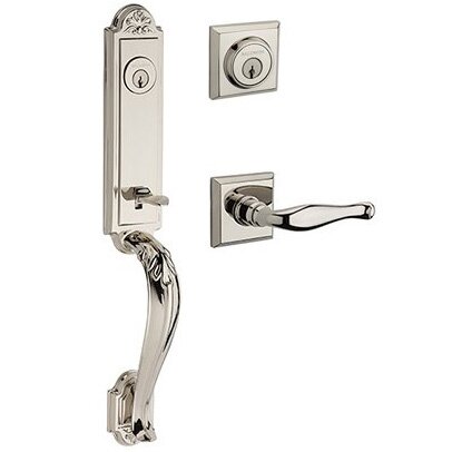 Left Handed Double Cylinder Elizabeth Handlest with Decorative Door Lever with Traditional Square Rose in Polished Nickel