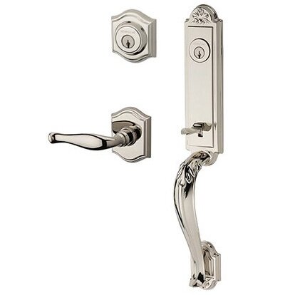 Right Handed Double Cylinder Elizabeth Handlest with Decorative Door Lever with Traditional Arch Rose in Polished Nickel