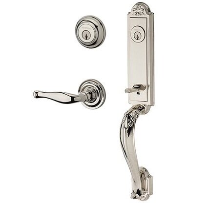 Right Handed Double Cylinder Elizabeth Handlest with Decorative Door Lever with Traditional Round Rose in Polished Nickel