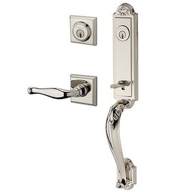 Right Handed Double Cylinder Elizabeth Handlest with Decorative Door Lever with Traditional Square Rose in Polished Nickel