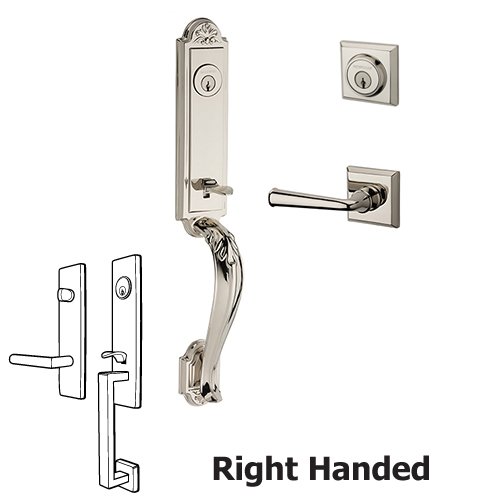 Right Handed Double Cylinder Elizabeth Handlest with Federal Door Lever with Traditional Square Rose in Polished Nickel
