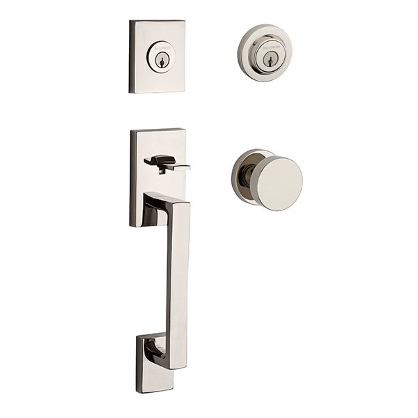 Double Cylinder La Jolla Handleset with Contemporary Door Knob with Contemporary Round Rose in Polished Nickel