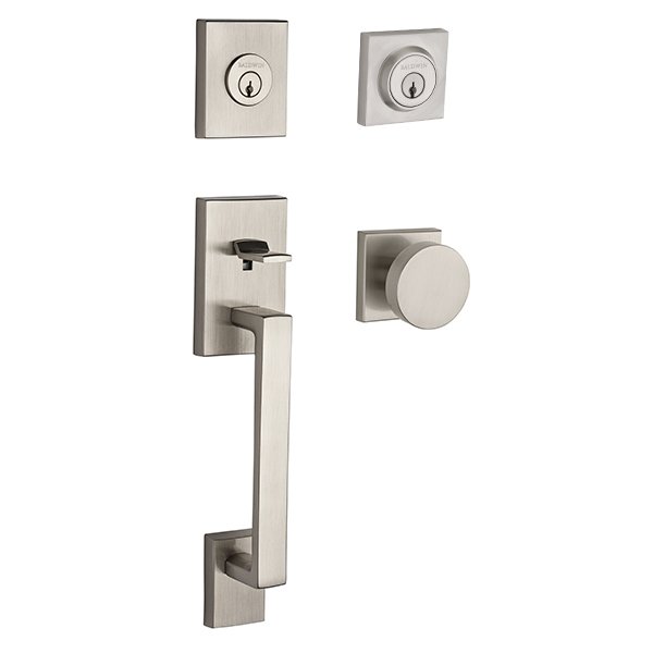 Double Cylinder La Jolla Handleset with Contemporary Door Knob with Contemporary Square Rose in Satin Nickel
