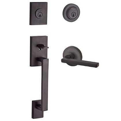 Left Handed Double Cylinder La Jolla Handleset with Square Door Lever with Contemporary Round Rose in Venetian Bronze