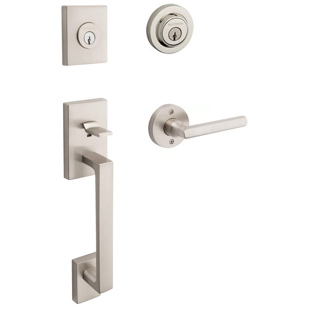 Left Handed Double Cylinder La Jolla Handleset with Square Door Lever with Contemporary Round Rose in Polished Nickel