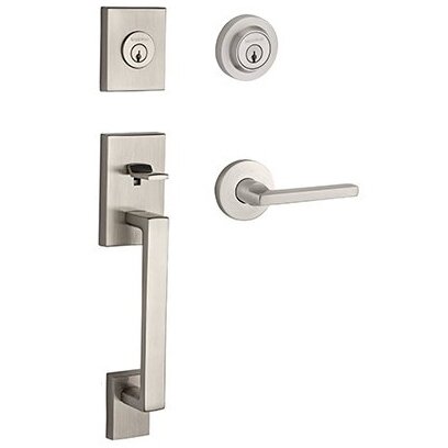 Left Handed Double Cylinder La Jolla Handleset with Square Door Lever with Contemporary Round Rose in Satin Nickel