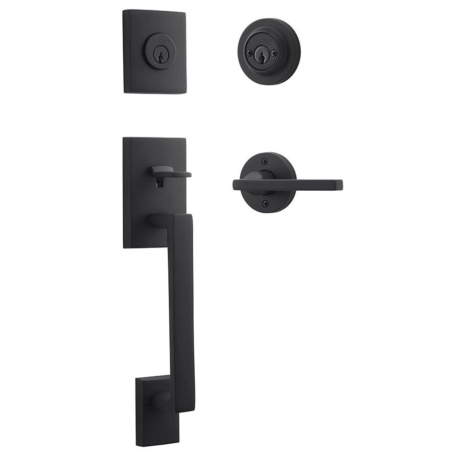 Left Handed Double Cylinder La Jolla Handleset with Square Door Lever with Contemporary Round Rose in Satin Black