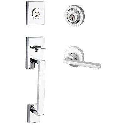 Left Handed Double Cylinder La Jolla Handleset with Square Door Lever with Contemporary Round Rose in Polished Chrome