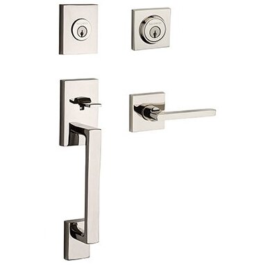 Left Handed Double Cylinder La Jolla Handleset with Square Door Lever with Contemporary Square Rose in Polished Nickel