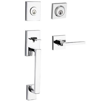 Left Handed Double Cylinder La Jolla Handleset with Square Door Lever with Contemporary Square Rose in Polished Chrome