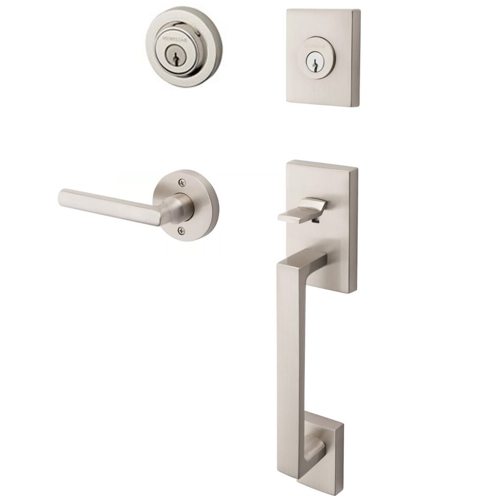 Right Handed Double Cylinder La Jolla Handleset with Square Door Lever with Contemporary Round Rose in Polished Nickel