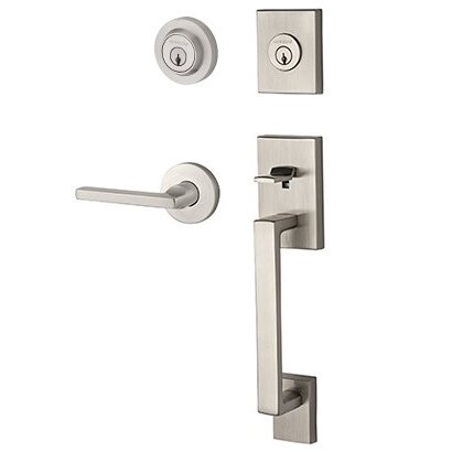 Right Handed Double Cylinder La Jolla Handleset with Square Door Lever with Contemporary Round Rose in Satin Nickel