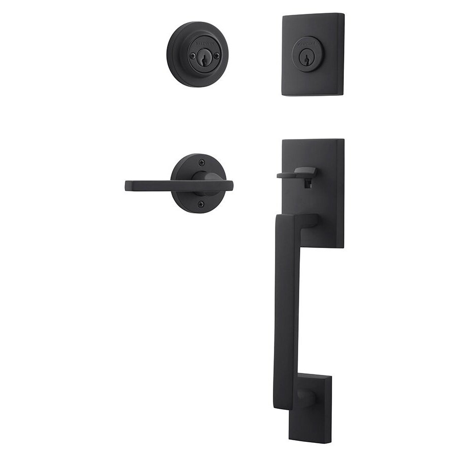 Right Handed Double Cylinder La Jolla Handleset with Square Door Lever with Contemporary Round Rose in Satin Black