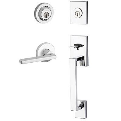 Right Handed Double Cylinder La Jolla Handleset with Square Door Lever with Contemporary Round Rose in Polished Chrome