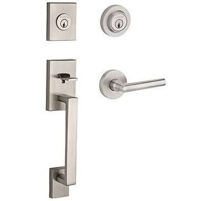 Left Handed Double Cylinder La Jolla Handleset with Tube Door Lever with Contemporary Round Rose in Satin Nickel