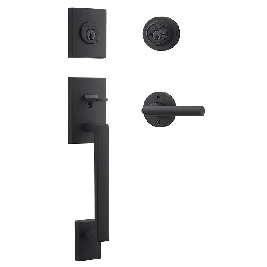 Left Handed Double Cylinder La Jolla Handleset with Tube Door Lever with Contemporary Round Rose in Satin Black