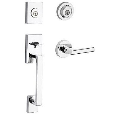 Left Handed Double Cylinder La Jolla Handleset with Tube Door Lever with Contemporary Round Rose in Polished Chrome