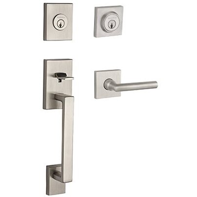 Left Handed Double Cylinder La Jolla Handleset with Tube Door Lever with Contemporary Square Rose in Satin Nickel