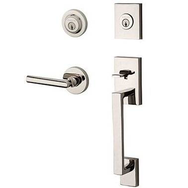 Right Handed Double Cylinder La Jolla Handleset with Tube Door Lever with Contemporary Round Rose in Polished Nickel