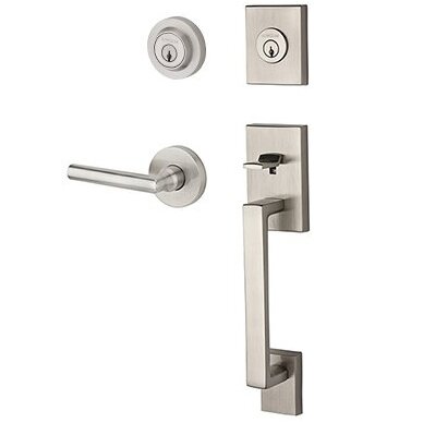 Right Handed Double Cylinder La Jolla Handleset with Tube Door Lever with Contemporary Round Rose in Satin Nickel