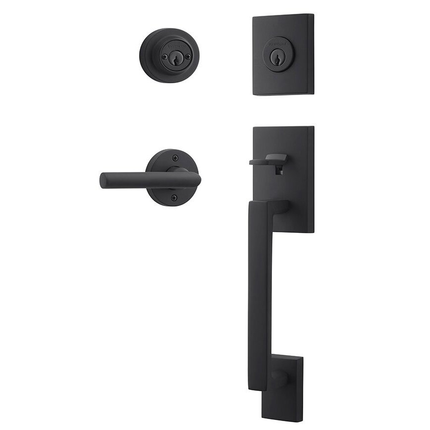 Right Handed Double Cylinder La Jolla Handleset with Tube Door Lever with Contemporary Round Rose in Satin Black