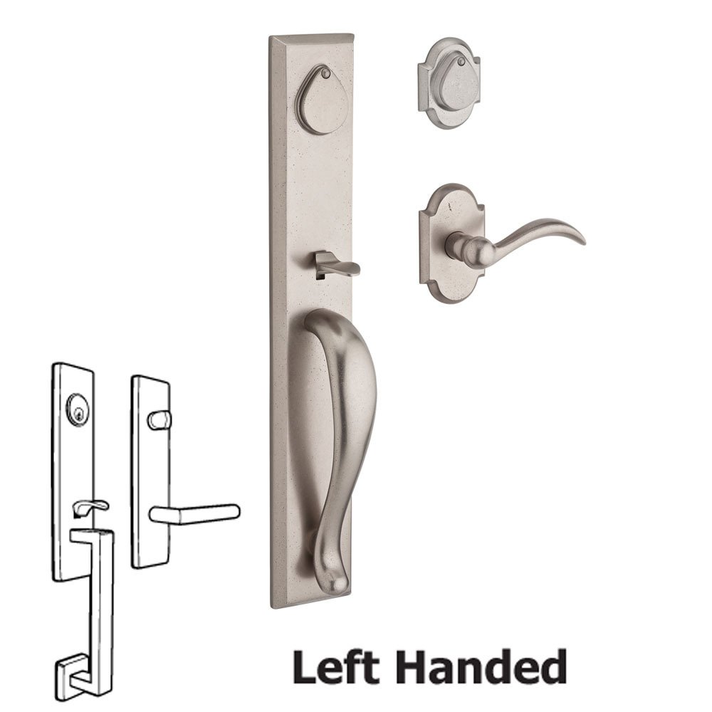 Handleset with Left Handed Arch Lever and Rustic Arch Rose in White Bronze