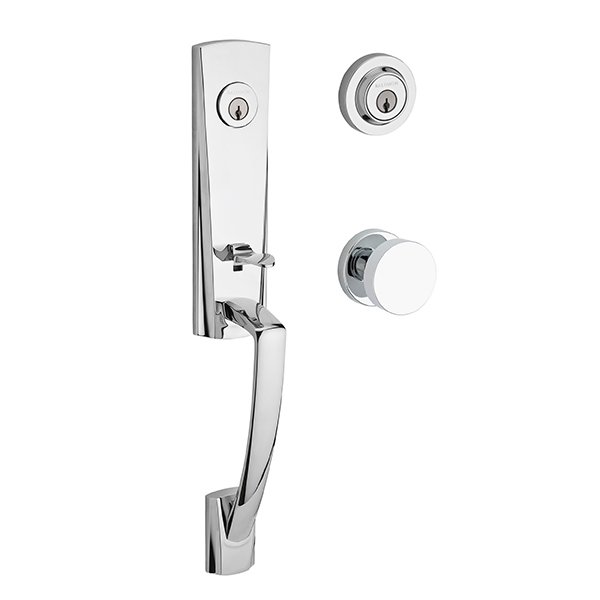 Double Cylinder Miami Handleset with Contemporary Door Knob with Contemporary Round Rose in Polished Chrome