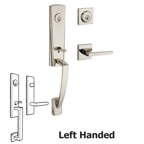 Left Handed Double Cylinder Miami Handleset with Square Door Lever with Contemporary Square Rose in Polished Nickel