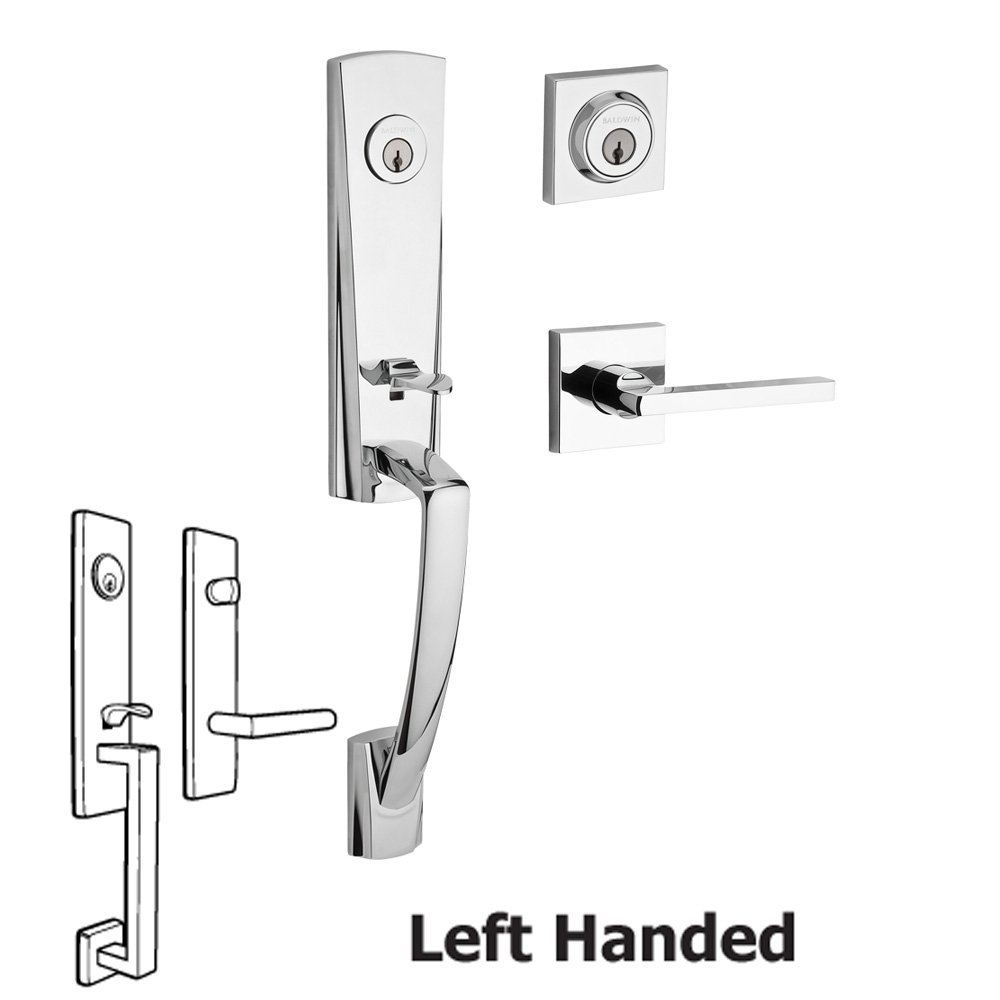 Handleset with Left Handed Square Lever and Contemporary Square Rose in Polished Chrome