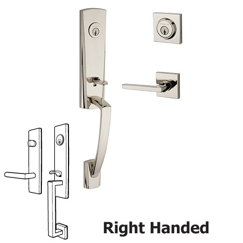 Right Handed Double Cylinder Miami Handleset with Square Door Lever with Contemporary Square Rose in Polished Nickel
