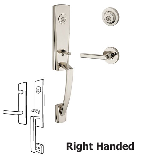 Right Handed Double Cylinder Miami Handleset with Tube Door Lever with Contemporary Round Rose in Polished Nickel