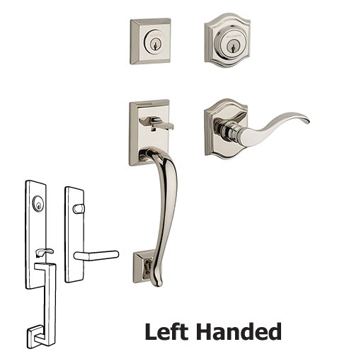Left Handed Double Cylinder Napa Handleset with Curve Door Lever with Traditional Arch Rose in Polished Nickel