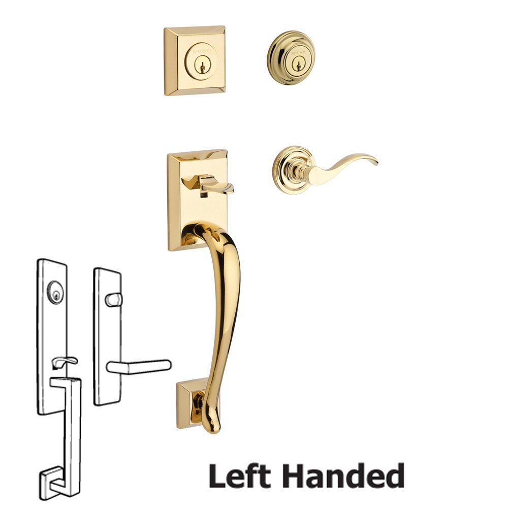 Handleset with Left Handed Curve Lever and Traditional Round Rose in Polished Brass